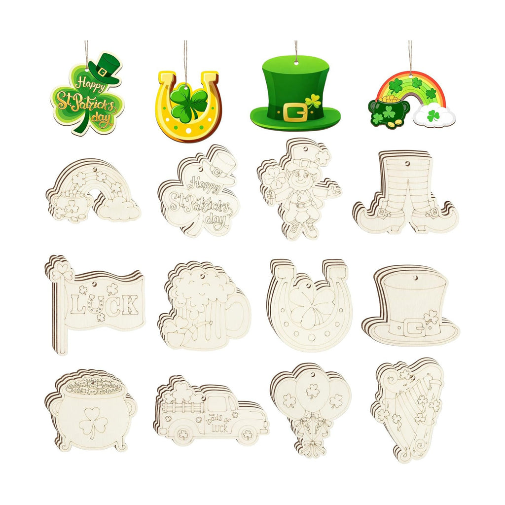 36PCS Wooden St. Patrick's Day Ornaments to Paint Shamrock Cutout Decorations,12 Styles DIY Blank Unfinished Wood Shamrock Cutouts Ornament for Tree Home Crafts Hanging, Hat Beer Gifts Indoor Spring