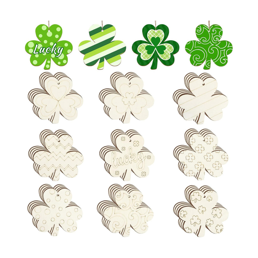 36PCS Wooden Shamrock Ornaments to Paint St. Patrick's Day Decorations,9 Styles DIY Blank Unfinished Wood Shamrock Cutouts Ornament for Tree Home Crafts Hanging Gifts Indoor Spring Farmhouse