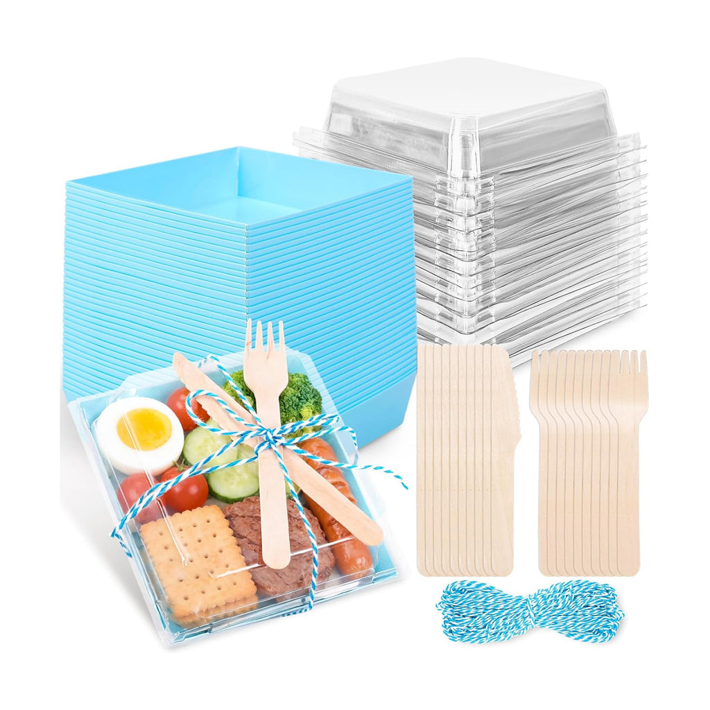 Whaline 50 Set Blue Small Charcuterie Boxes with Lids Forks Knives Summer Clear Mini Dessert Box Disposable Food Containers for Graduation Wedding Gift Giving Beach Party Sandwich Cookie Sushi Cake