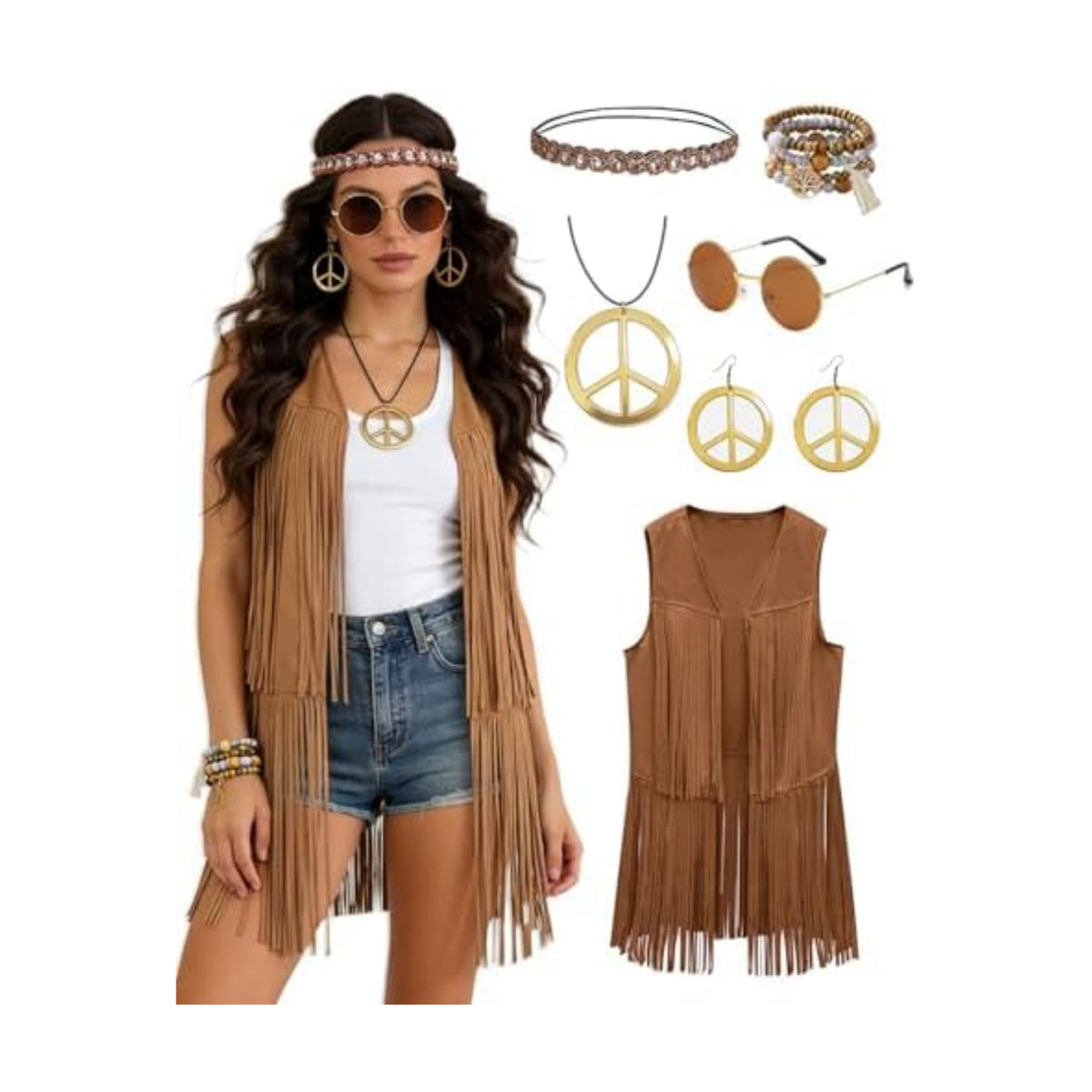 60s 70s Outfit for Women Hippie Costume Clothes Fringe Vest Accessories