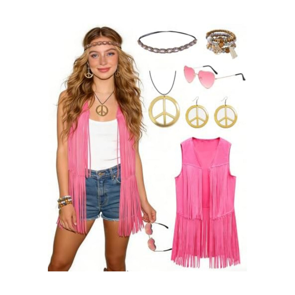 60s 70s Outfit for Women Hippie Costume Clothes Fringe Vest Accessories
