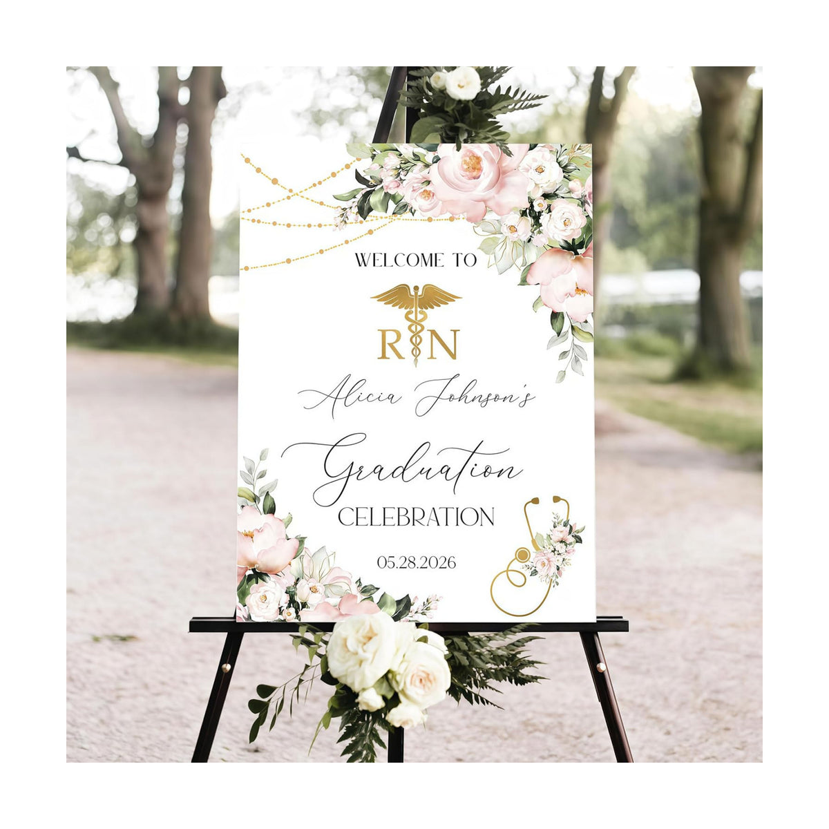 Custom Rn Welcome Sign For Graduation Party 2026, Personalized Nurse Name Pink Floral Graduation Sign, Outdoor Medical Celebration Decor