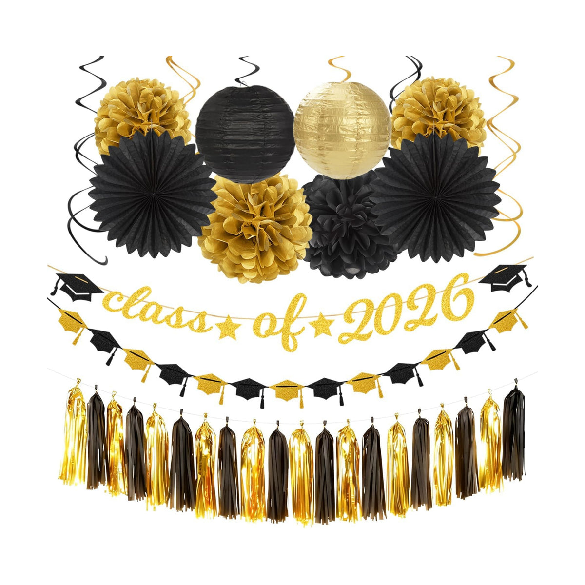 Black Gold Graduation Party-Decorations Garland - 36pcs Congrats Grad Class 2026 Banner,Hat Hanging Streamers,College High School Congratulations Master Celebration Classroom Backdrop Decor Burgleda