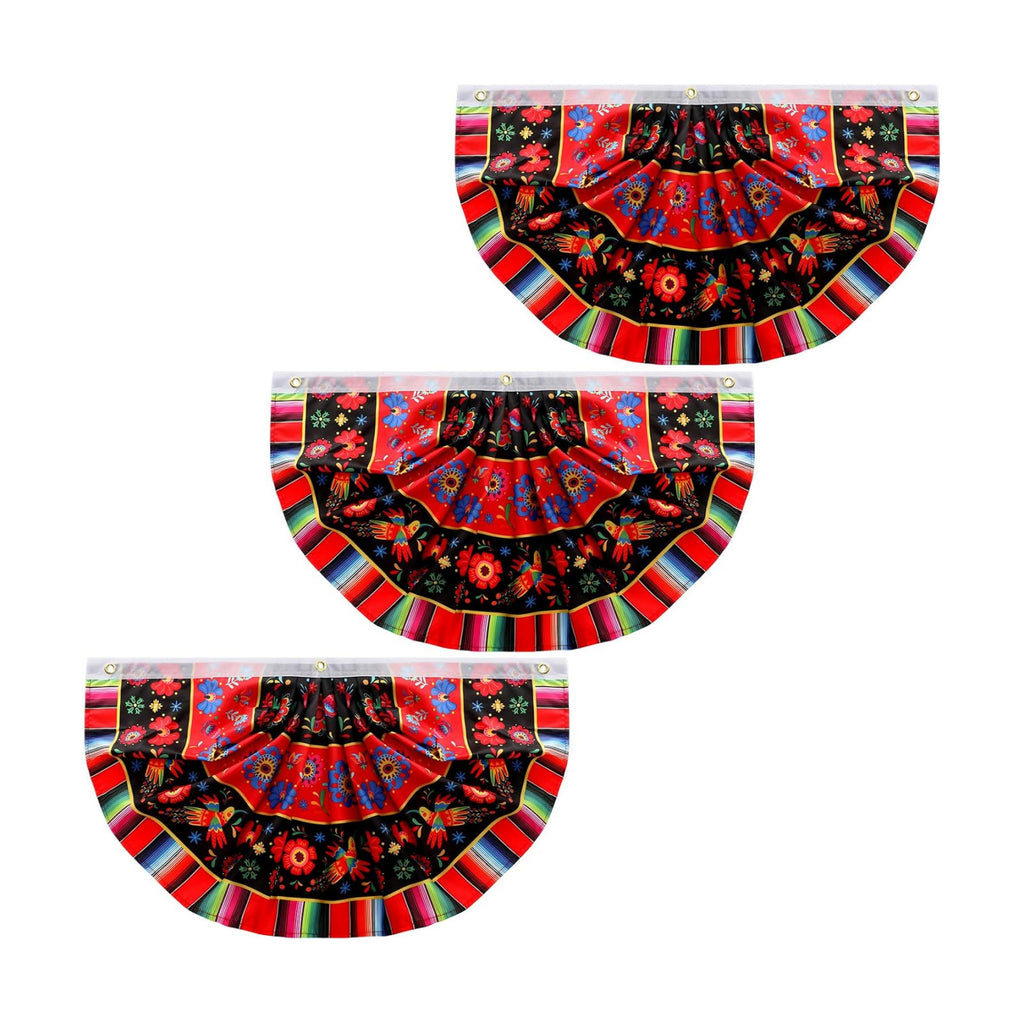 Outus 3 Pcs Mexican Fiesta Party Decoration 1.5 x 3 ft Mexican Pleated Bunting Fan Flag Cinco De Mayo Folk Art Half Fan Flag Hanging Banners for Carnivals Taco Birthday Party Favors