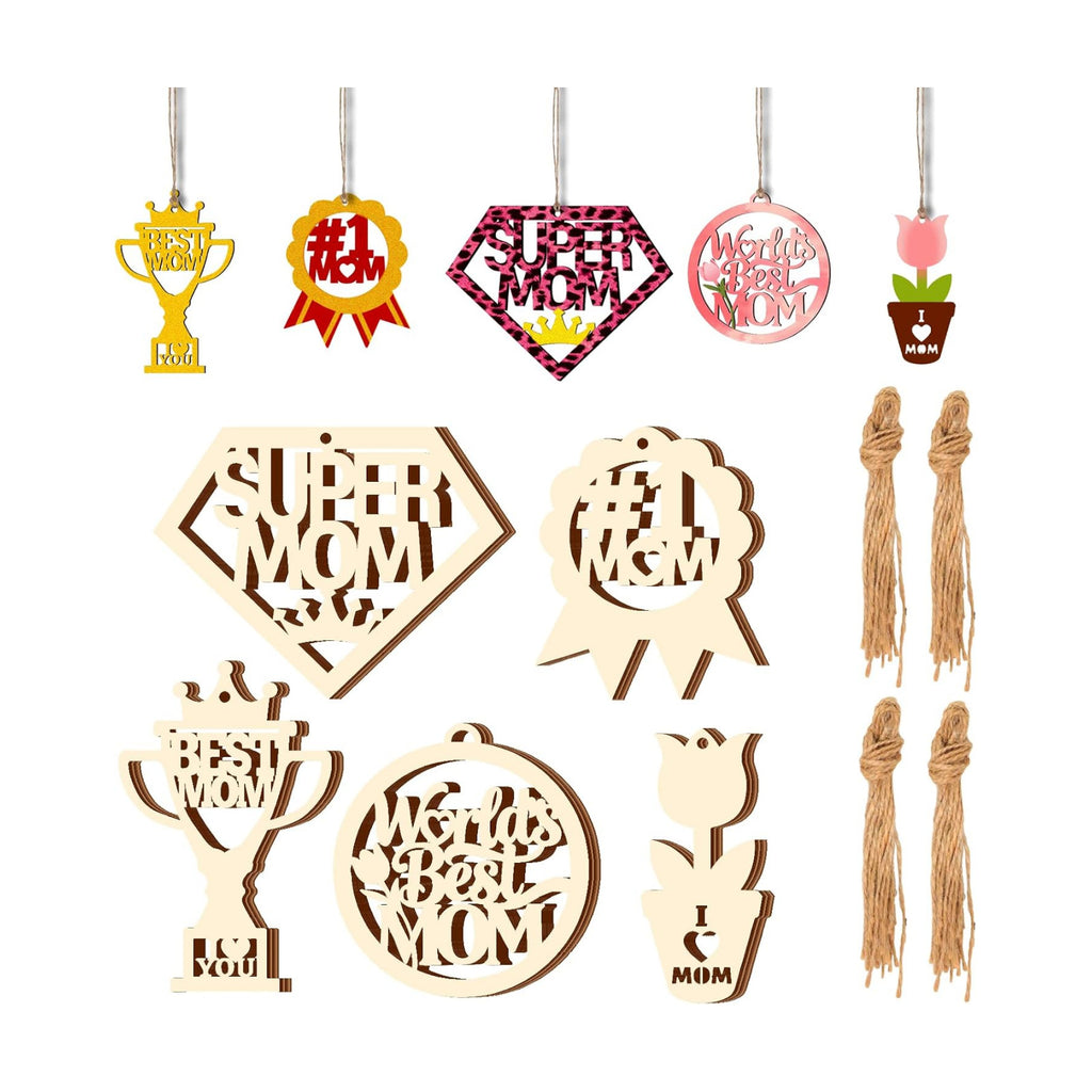 Mom Gift 40Pcs 5 Style Unfinished Wooden Mother's Day Ornaments DIY Craft Mother Birthday Present Paintable Blank Natural Mum Cutouts Hanging Wood Slices for Kids Art Crafts DIY Gift for Mom