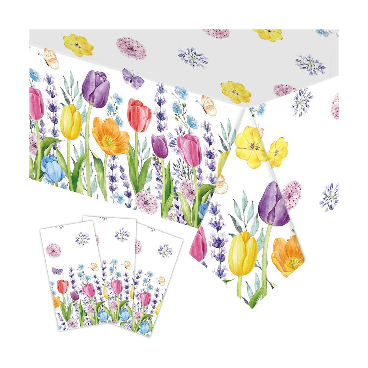 3-Piece 54 x 108 Inch Spring Tulip Floral Plastic Tablecloth – Colorful Wildflower Disposable Rectangle Table Covers with Botanical Border Design for Garden Party, Easter and Spring Celebrations