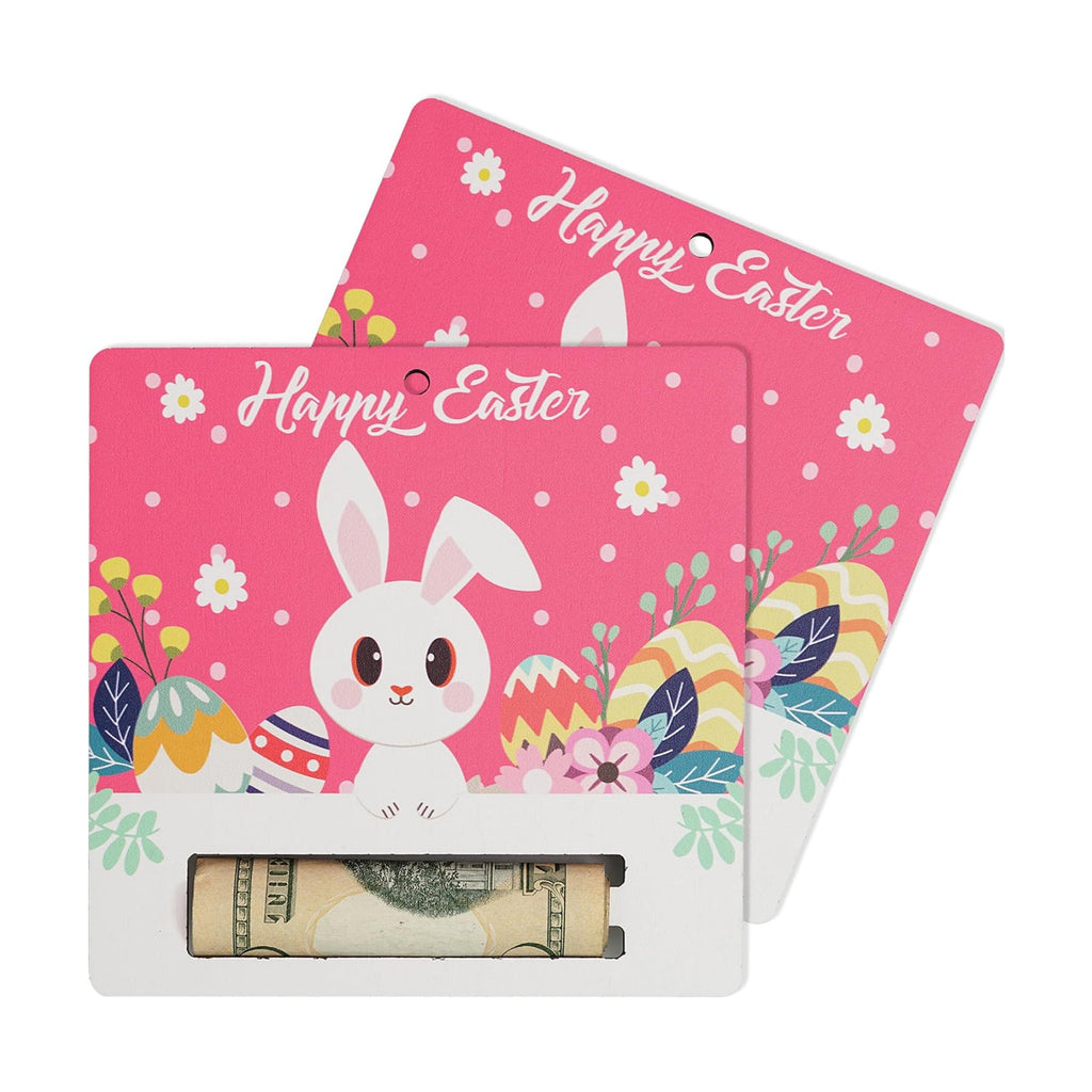 KATINAT Easter Bunny Gift Holder for Cash, Pack of 2 Wooden Rabbit Currency Display, Spring Basket Stuffers for Teens & Kids, Bunny Holding Holiday Egg Money Present, Pink Rabbit Cash Set