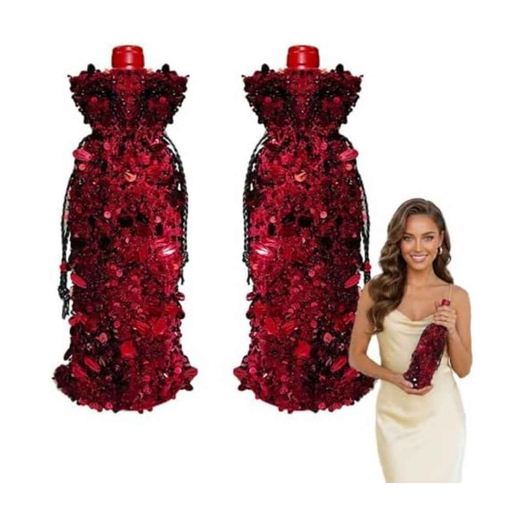 Blingxy 2-Pack Red Glitter Wine Bottle Gift Bags with Drawstring