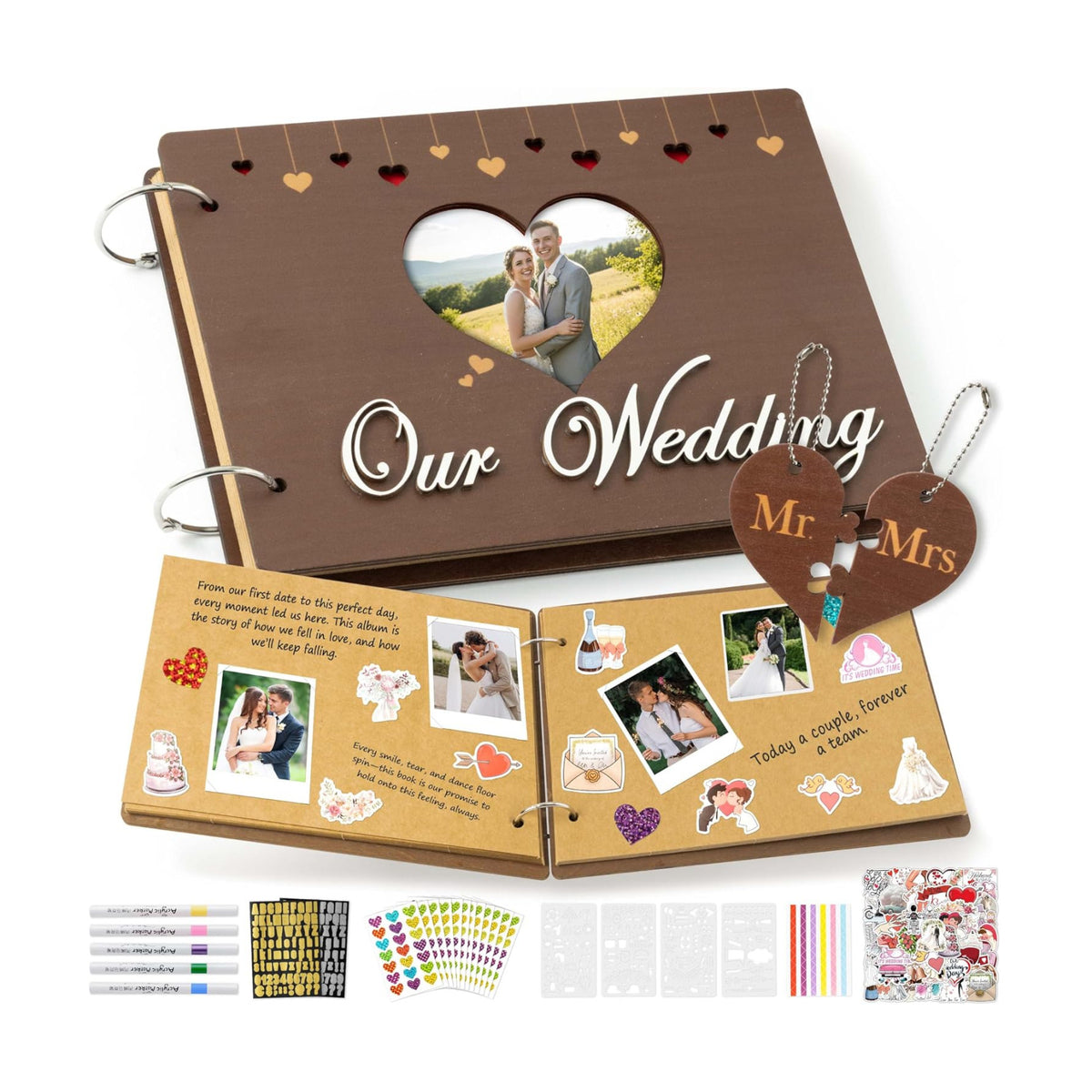 CY2SIDE Our Wedding Scrapbook Album - 111PCS DIY Wooden Memory Photo Book Craft Kit with Stickers Markers Stencils Photo Corner Mr & Mrs Ornament, Picture Journal Gift for Bridal Wedding Anniversary