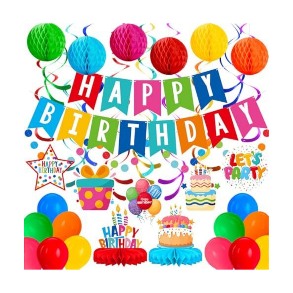 Happy Birthday Decorations Kit: Happy Birthday Banner,Birthday Circle Confetti Garland, Swirl Streamers, Honeycomb Balls, Birthday Balloons and Honeycomb Centerpiece for Kids' Birthday Party Supplies