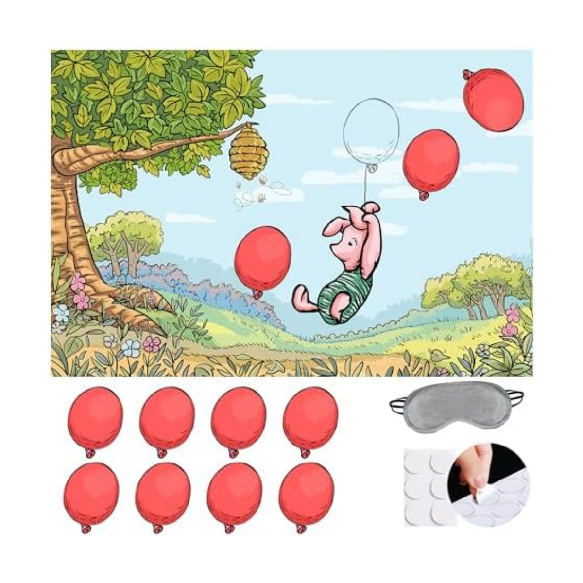 Winnie Help Piglet Fly Fun Party Game for Pooh Baby Shower Birthday Decorations, Pin The Balloon on Piglet Poster with 20 Balloon Stickers and Blind Fold.