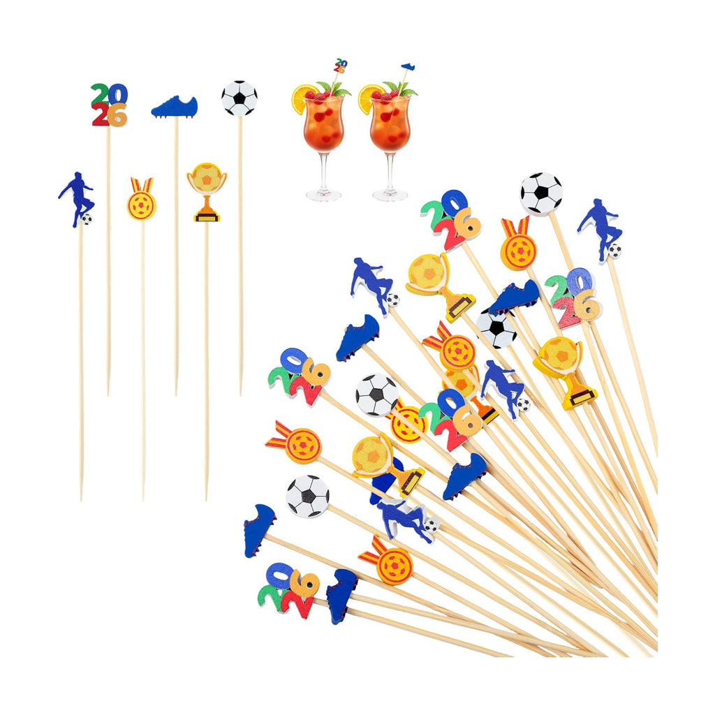 Aodaer 200 Pcs Soccer Cocktail Picks for Appetizers Soccer Toothpicks Long Bamboo Food Picks Fruit Skewers for Drinks Desserts for Game Day Soccer Party Supplies