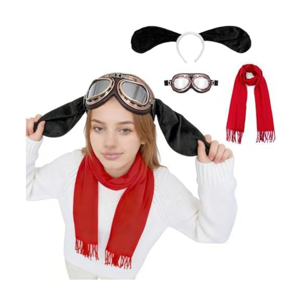 MORTICIA 3pcs Halloween Cosplay Dog Costume Accessories Set with Aviator Goggles, Black Ears Headband, Red Scarf, Cosplay Animal Theme Party and Festival Activities Dress Up Kit for Adults Women