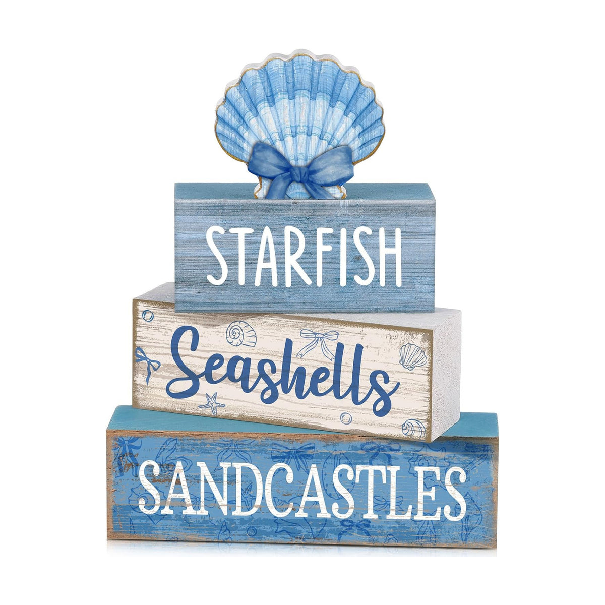 Moucuny 4 Pcs Beach Wooden Signs Table Decor with Shell, Tiered Tray