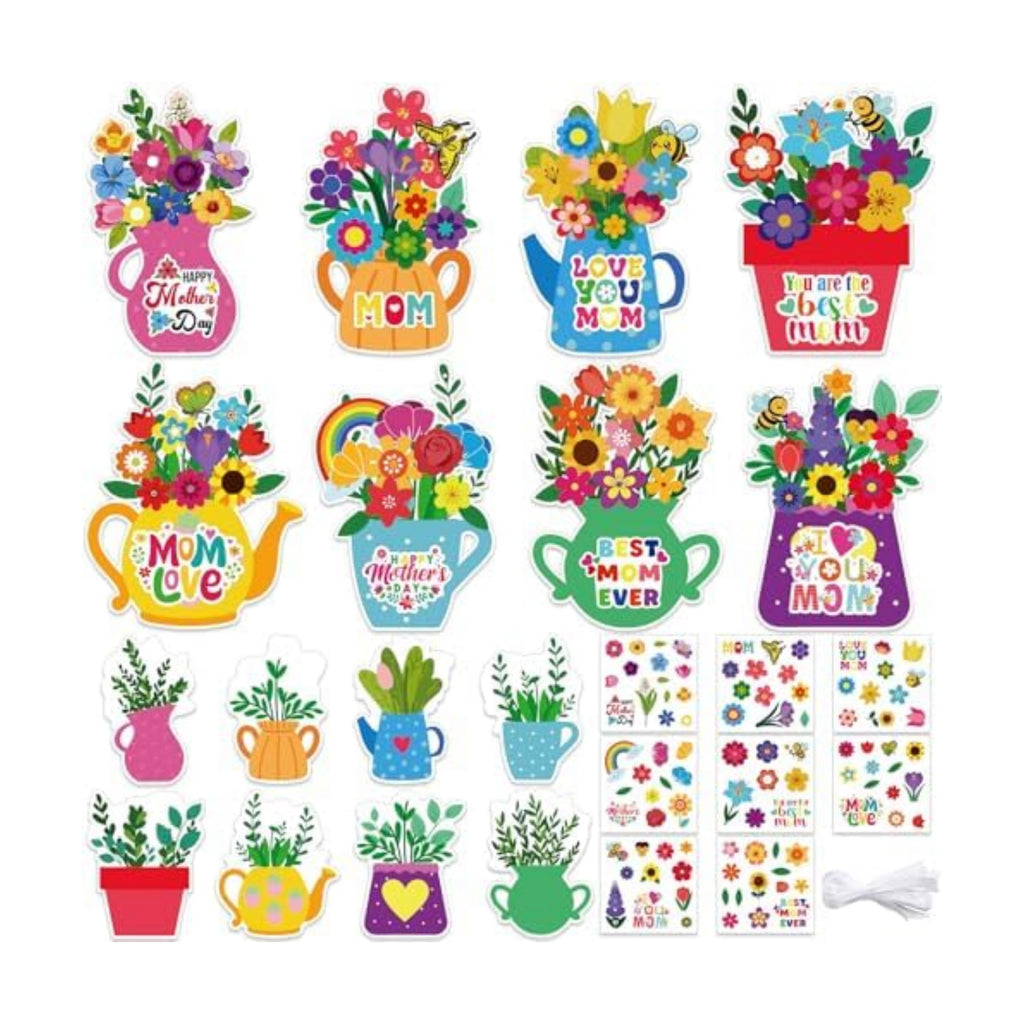 JUNEBRUSHS Mother's Day Card Craft Kit, 32 Floral DIY Craft with Stickers Mother's Day Hanging Ornament for Classrooms Office Festival Decor Gifts for Mom Ladies Grandma
