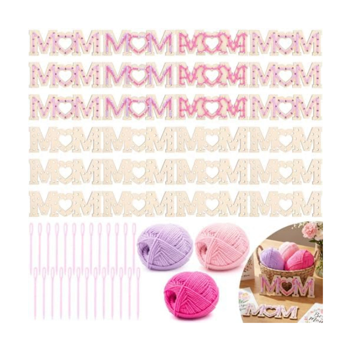 Kathfly 24 Sets Mother's Day Wooden Craft Kit, Wood Mom String Craft Ornaments with Yarn and Plastic Weaving Tools, DIY Lacing Art Hanging Decorations for Activities Handcraft Gifts