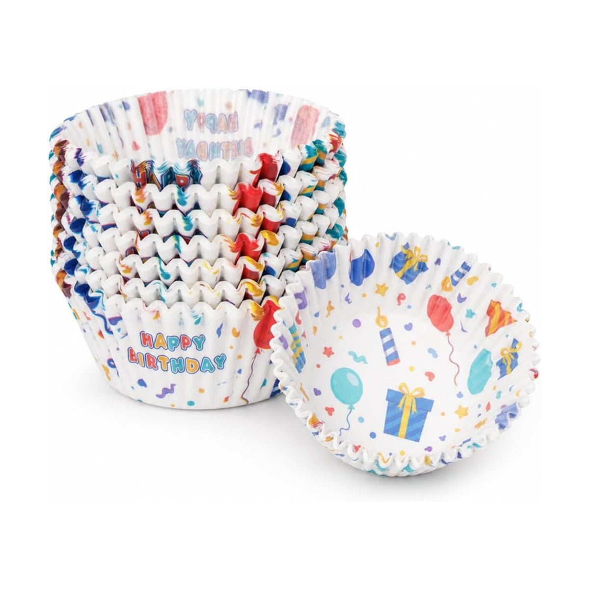 200 Paper Cupcake Liners, Muffin Liners or Baking Cups for Desserts, Muffins, Cupcakes and More Treats; Grease Proof, No Smell, Food Grade, Nut Serving Containers (Birthday)