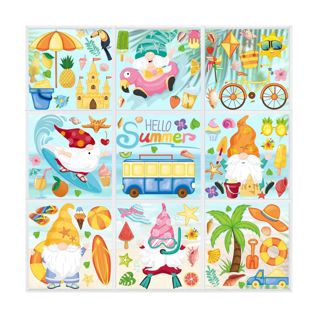 93Pcs Summer Window Clings, Double Sided Beach Gnomes Summer Window Decals Stickers for Home Office School Holiday Party Decorations