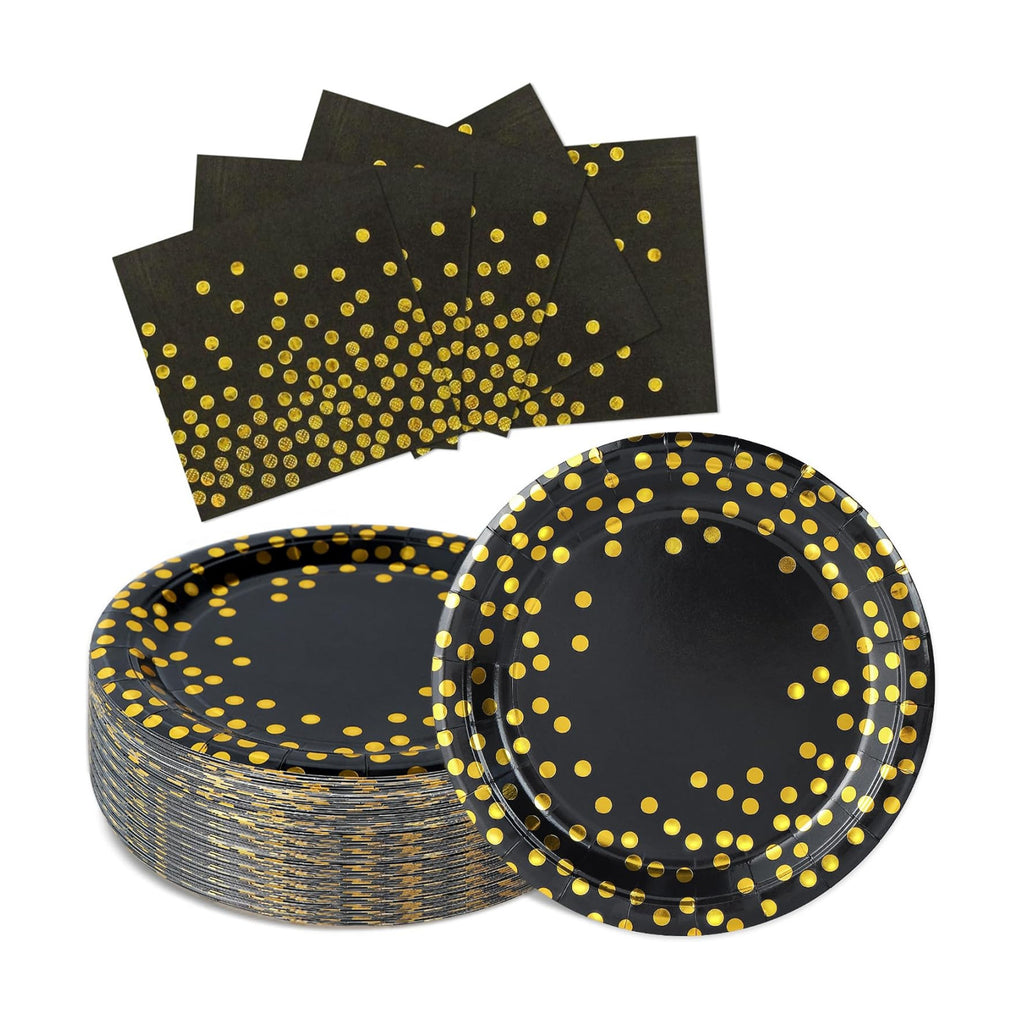 50 Pcs Black and Gold Dot Paper Plates and Napkins Set Serves 25