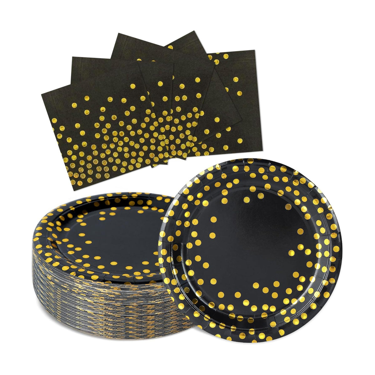 50 Pcs Black and Gold Dot Paper Plates and Napkins Set Serves 25