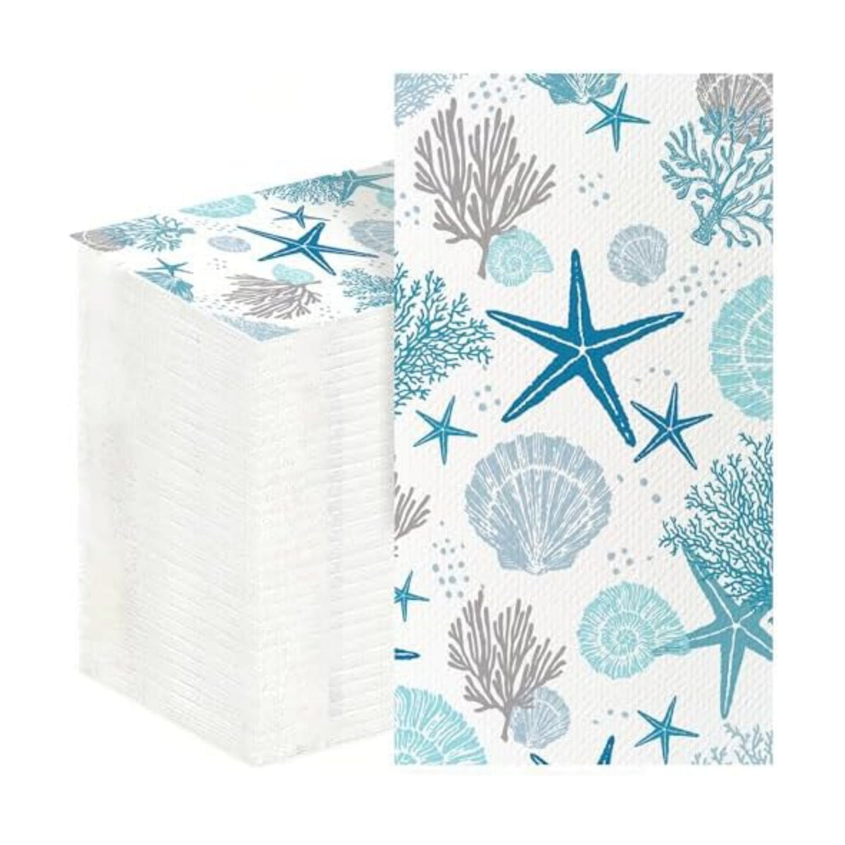 200 Pcs Coastal Beach Paper Napkins Disposable Hand Towels Blue Starfish Seashell Coral Nautical Ocean Guest Napkins for Bathroom Wedding Summer Guest Napkin Party Decor
