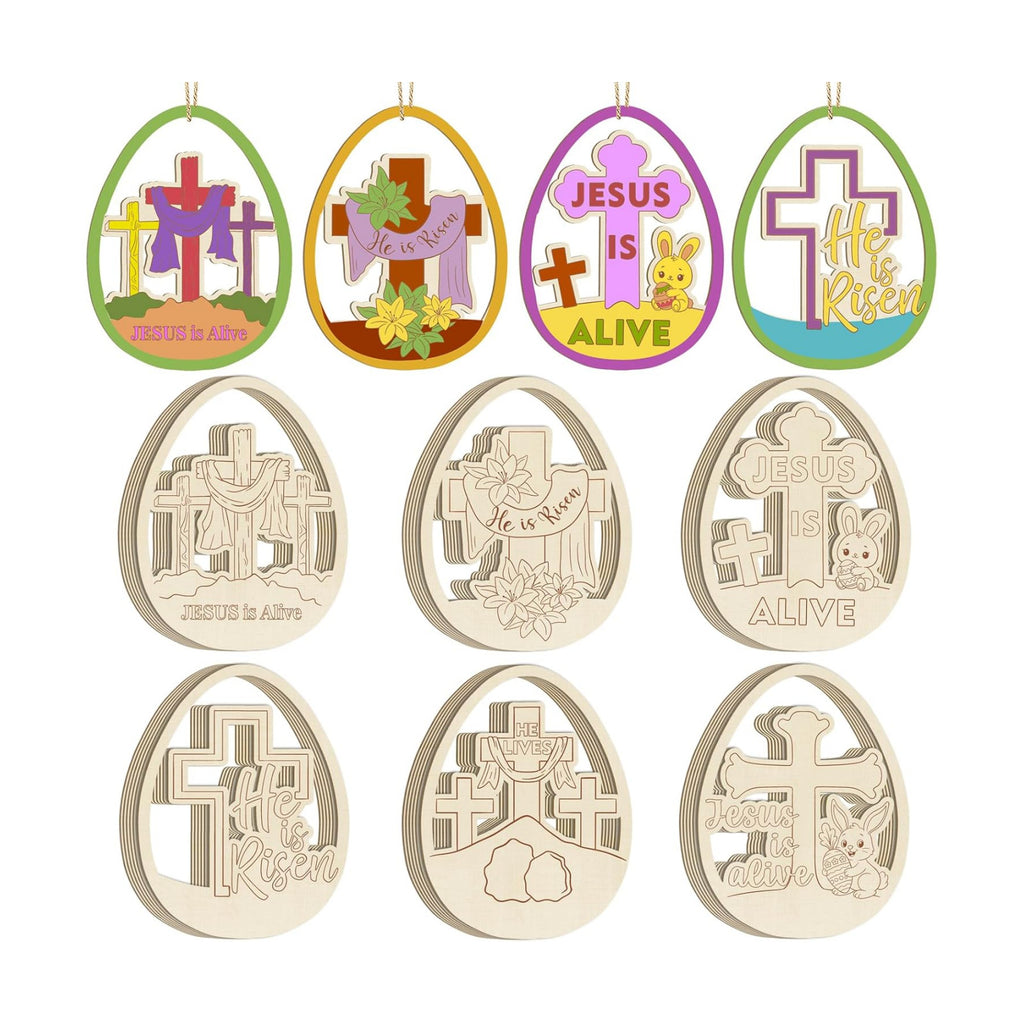 36PCS Wooden Easter Ornaments to Paint, Christian DIY Blank Unfinished Wood Egg Cutouts for Crafts Hanging Decorations Happy Easter Hallow Cross He is Risen Jesus is Alive Rabbit Religious Lily