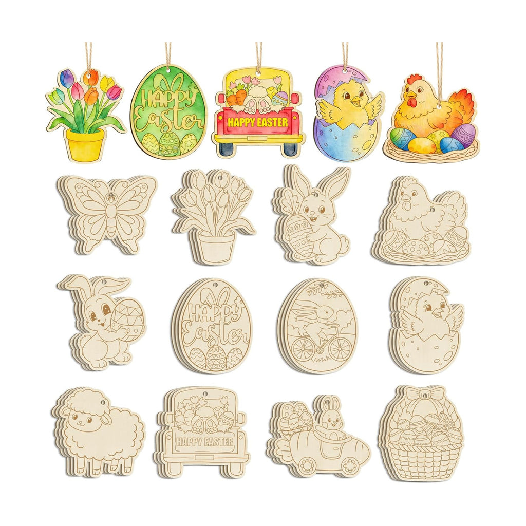 36PCS Wooden Easter Ornaments to Paint, 6 Styles DIY Blank Unfinished Wood Egg Cutouts Ornament for Crafts Hanging Decorations Happy Easter Hallow Egg Rabbit Bunny Butterfly Flower Hen