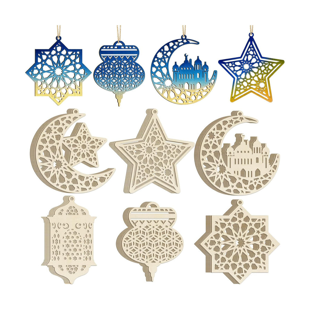 36PCS Wooden Ramadan Decorations Eid Islam Mubarak Ornaments Mubarak Hanging Hollow Pendant to Paint, DIY Blank Unfinished Wood Moon Cutouts Crafts Hanging Al Adha Star Lantern for Muslim Festive