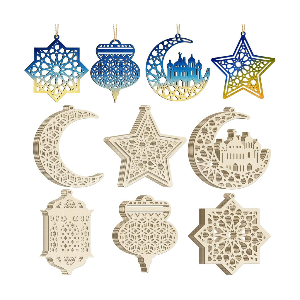 36PCS Wooden Ramadan Decorations Eid Islam Mubarak Ornaments Mubarak Hanging Hollow Pendant to Paint, DIY Blank Unfinished Wood Moon Cutouts Crafts Hanging Al Adha Star Lantern for Muslim Festive