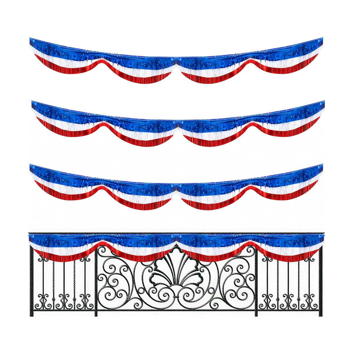 3 Pcs 20 Ft Patriotic Foil Fringe Bunting, Red White Blue Tinsel Streamers Banner, Independence Day Metallic Fringe Garland for 4th of July Celebration Party Parade Events Decoration