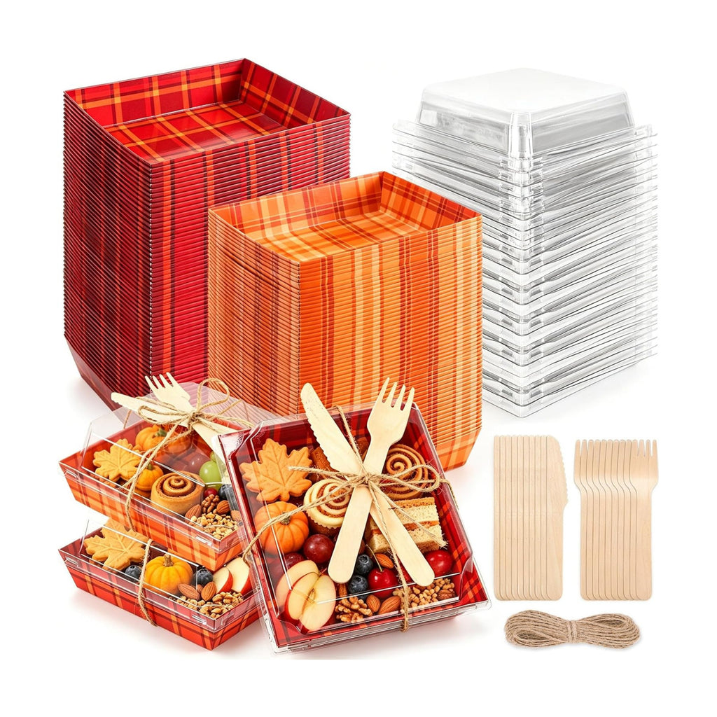 Whaline 100 Set Fall Small Charcuterie Boxes with Clear Lids Forks Knives Buffalo Plaid Mini Dessert Box Disposable Food Container for Autumn Harvest Thanksgiving Wedding Birthday Party Supplies
