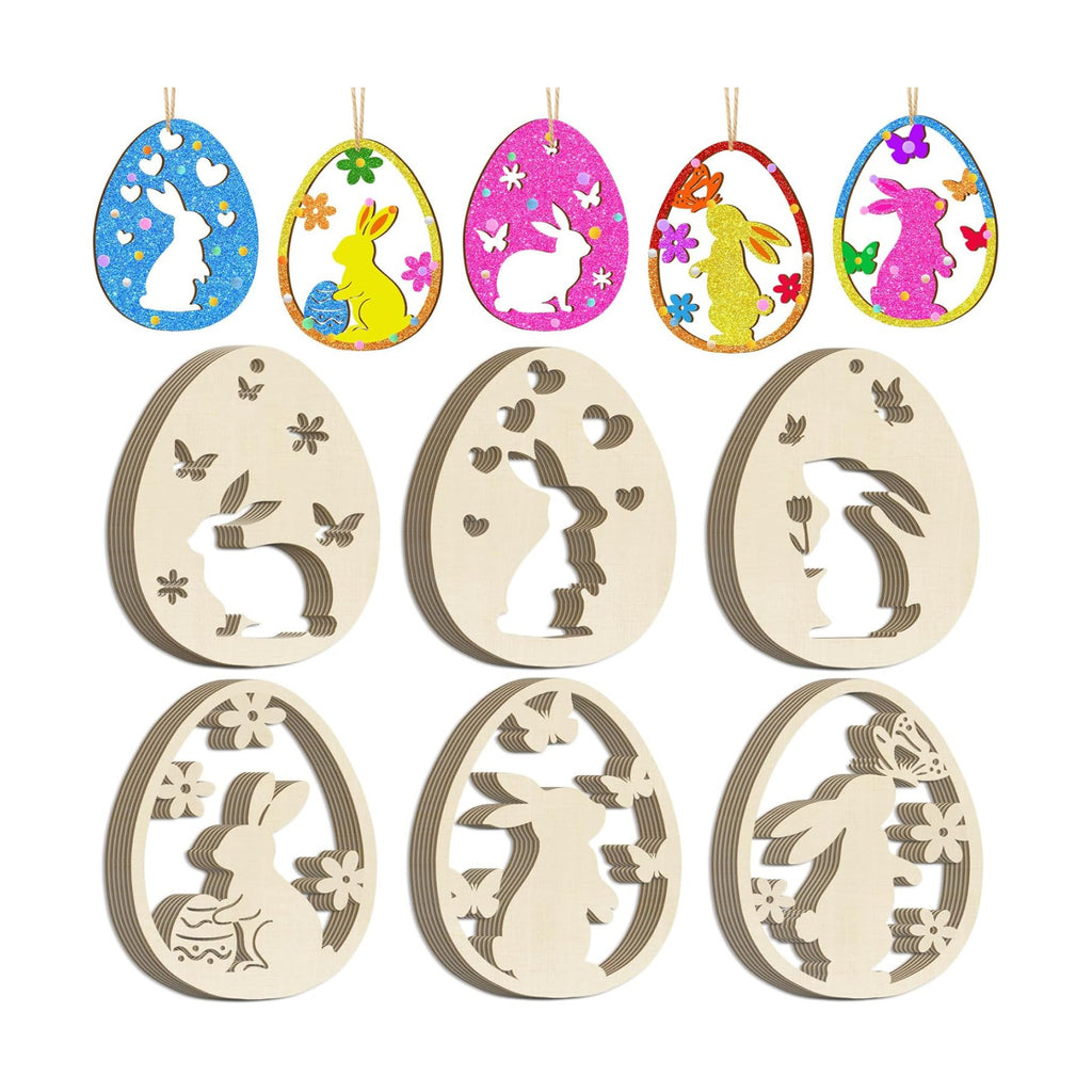 36PCS Wooden Easter Ornaments to Paint, 6 Styles DIY Blank Unfinished Wood Egg Cutouts Ornament for Crafts Hanging Decorations Happy Easter Hallow Egg Rabbit Bunny Butterfly Flower Hen