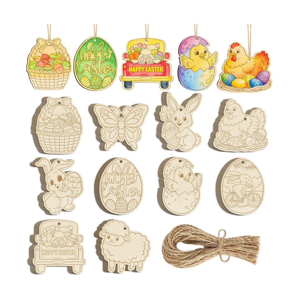 80PCS Wooden Easter Ornaments to Paint, 10 Styles DIY Blank Unfinished Wood Egg Cutouts Ornament for Crafts Hanging Decorations Happy Easter Hallow Egg Rabbit Bunny Butterfly Flower Hen