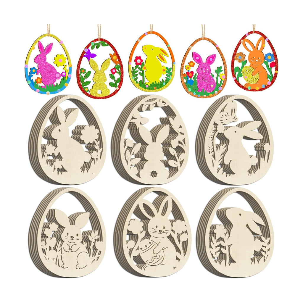 36PCS Wooden Easter Ornaments to Paint, 6 Styles DIY Blank Unfinished Wood Egg Cutouts Ornament for Crafts Hanging Decorations Happy Easter Hallow Egg Rabbit Bunny Butterfly Flower Hen