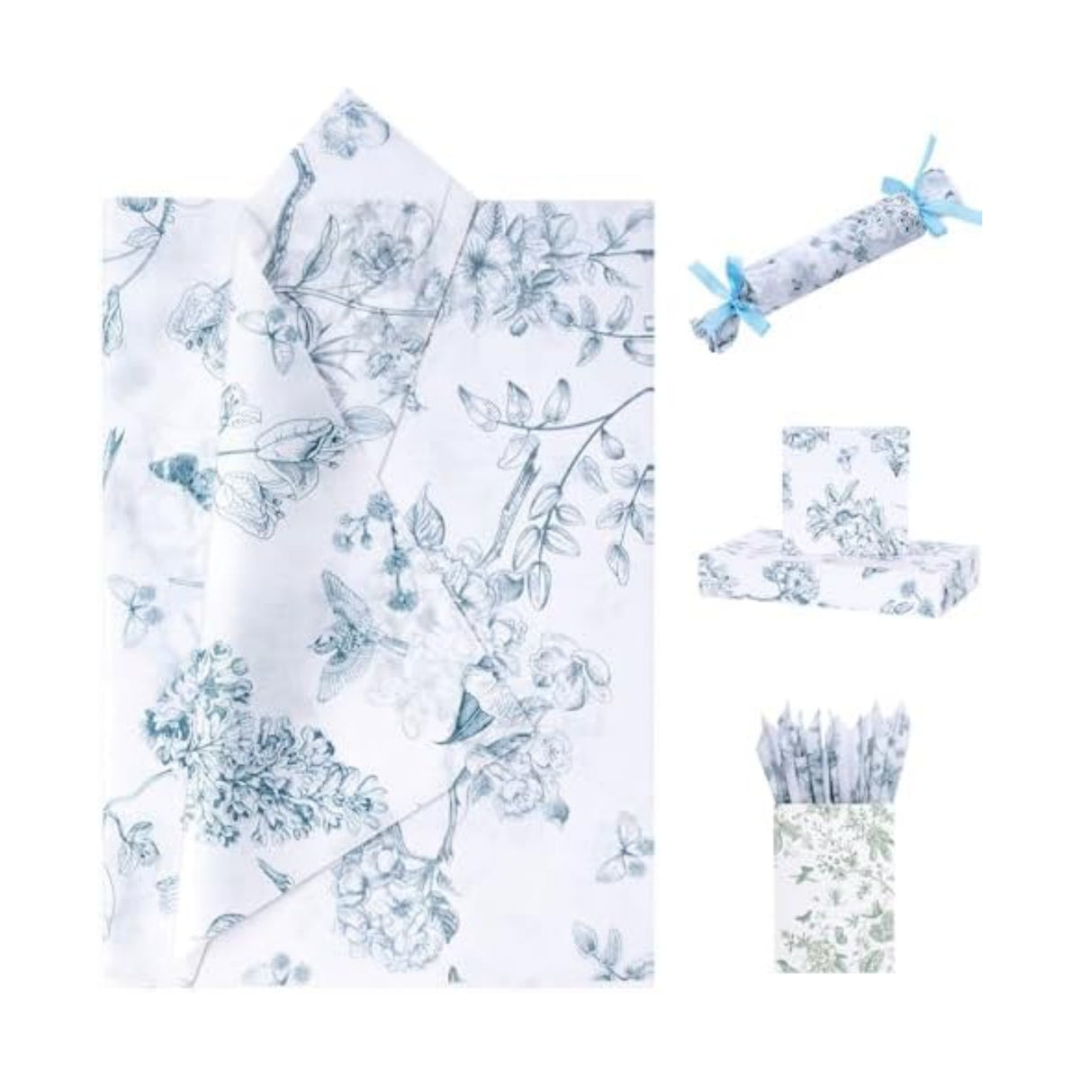 ENFANTRY Floral Tissue Paper, 60pcs Green Floral Tissue Paper for Gift Bags 50x35cm, Gift Wrapping Tissue Paper Bulk for Weddings, Birthdays, Holidays Decor