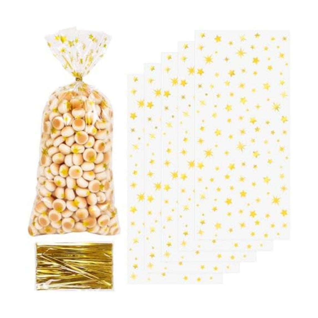 DIYASY 180 Pcs Gold Star Cellophane Treat Bags, 5 X 11 Inches Plastic Star Printed Candy Gift Bag Clear Food Snack Bags with Twist Ties for Goody Cookies Party Favor Supplies