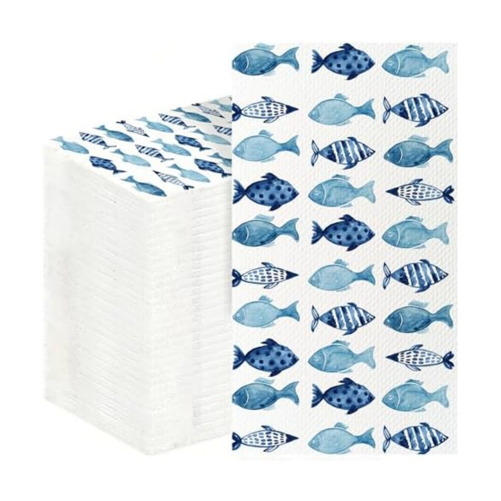 200 Pcs Blue Fish Disposable Paper Napkins Ocean Theme Guest Hand Towels for Bathroom Wedding Summer Beach Party Dinner Birthday Supplies