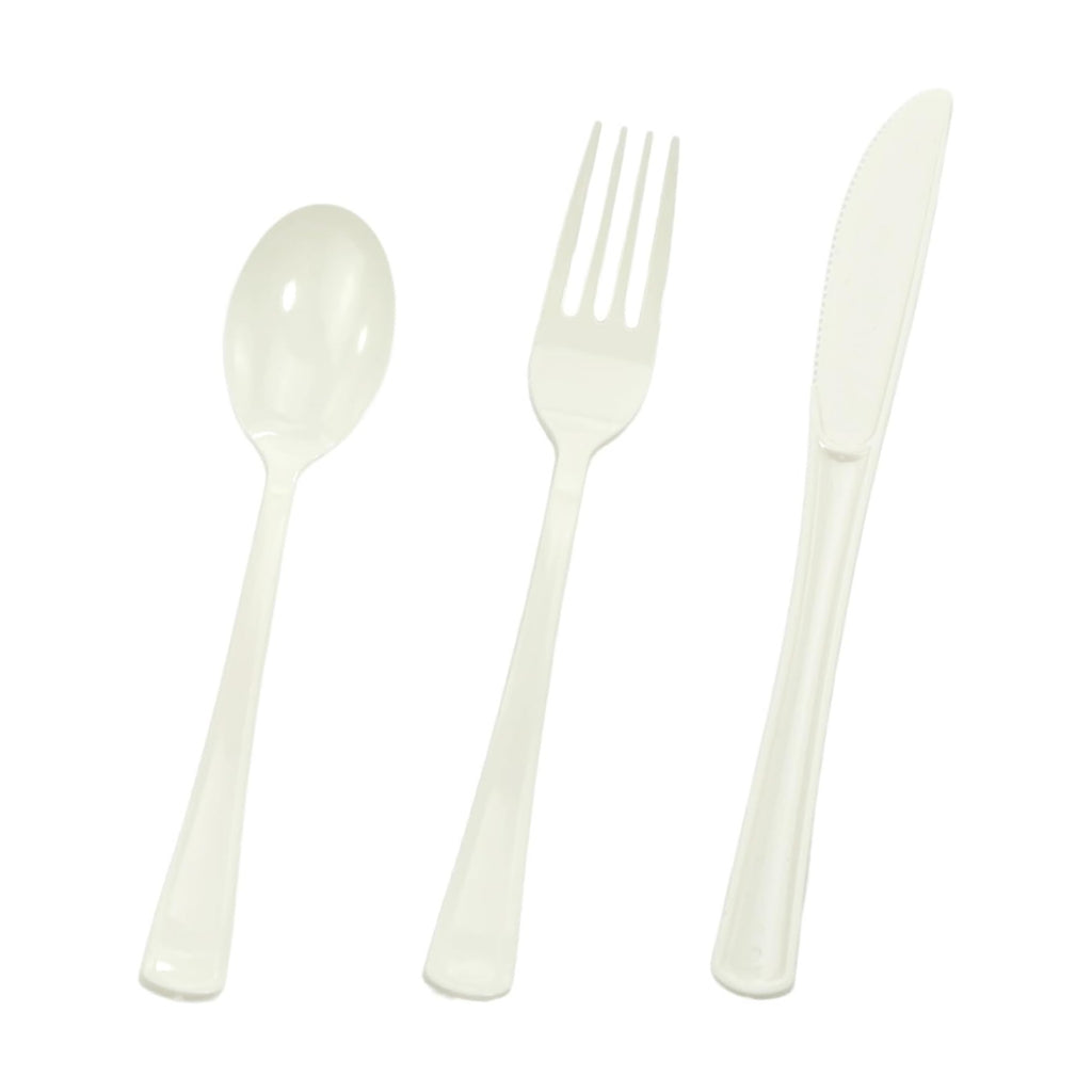 HEIPINIUYE 75 Pack Cream Plastic Cutlery Heavy Duty Cream Plastic Knives Forks and Spoons Disposable Silverware Set for 25 Guest Camping Birthday Baby Shower Wedding Party Utensils Set