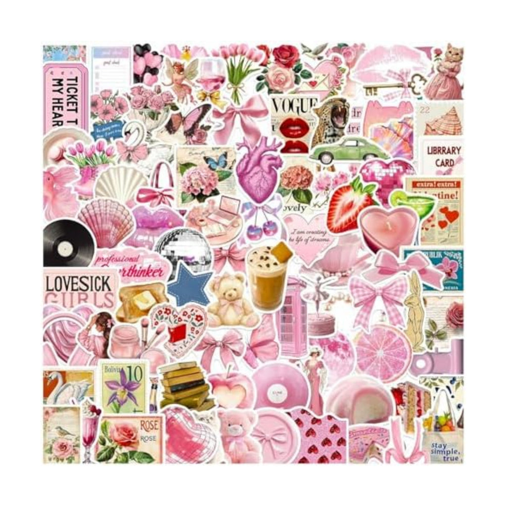 DothRayan 100pcs Vintage Pink Girls Stickers, Y2K Coquette Pink Aesthetic Waterproof Stickers for Water Bottles,Laptop Scrapbook Computer Phone Guitar Aesthetic Decals