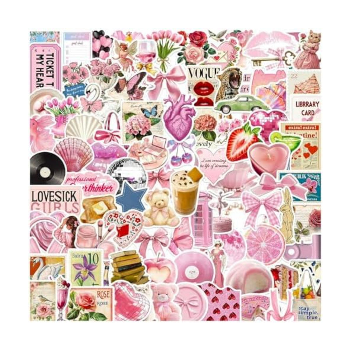 DothRayan 100pcs Vintage Pink Girls Stickers, Y2K Coquette Pink Aesthetic Waterproof Stickers for Water Bottles,Laptop Scrapbook Computer Phone Guitar Aesthetic Decals