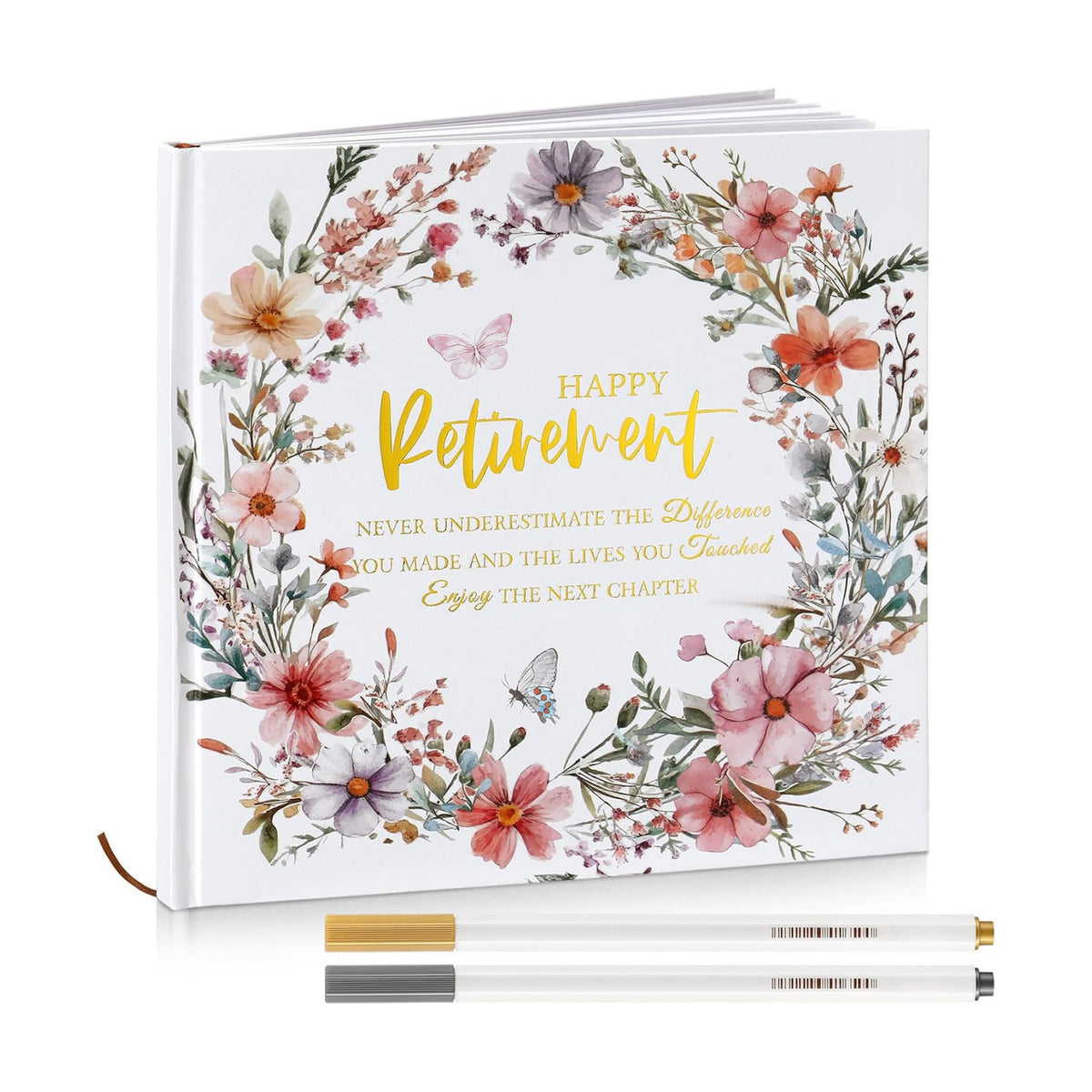Retirement Guest Book with 2 Markers 8.7'' Square, White, Flowers