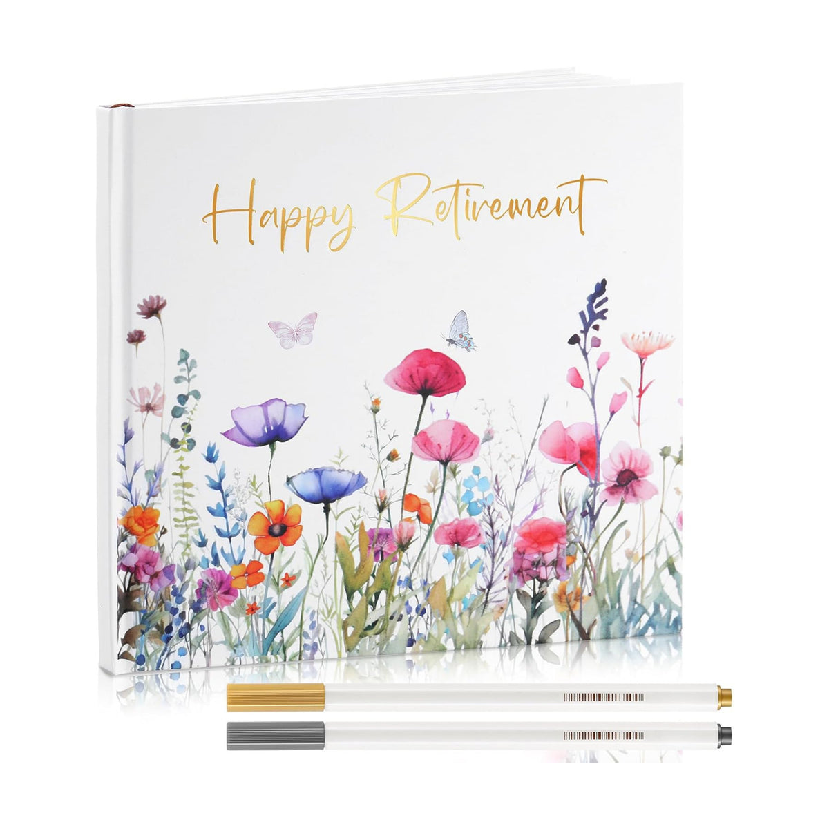 Retirement Guest Book with 2 Markers 8.7'' Square, White, Floral