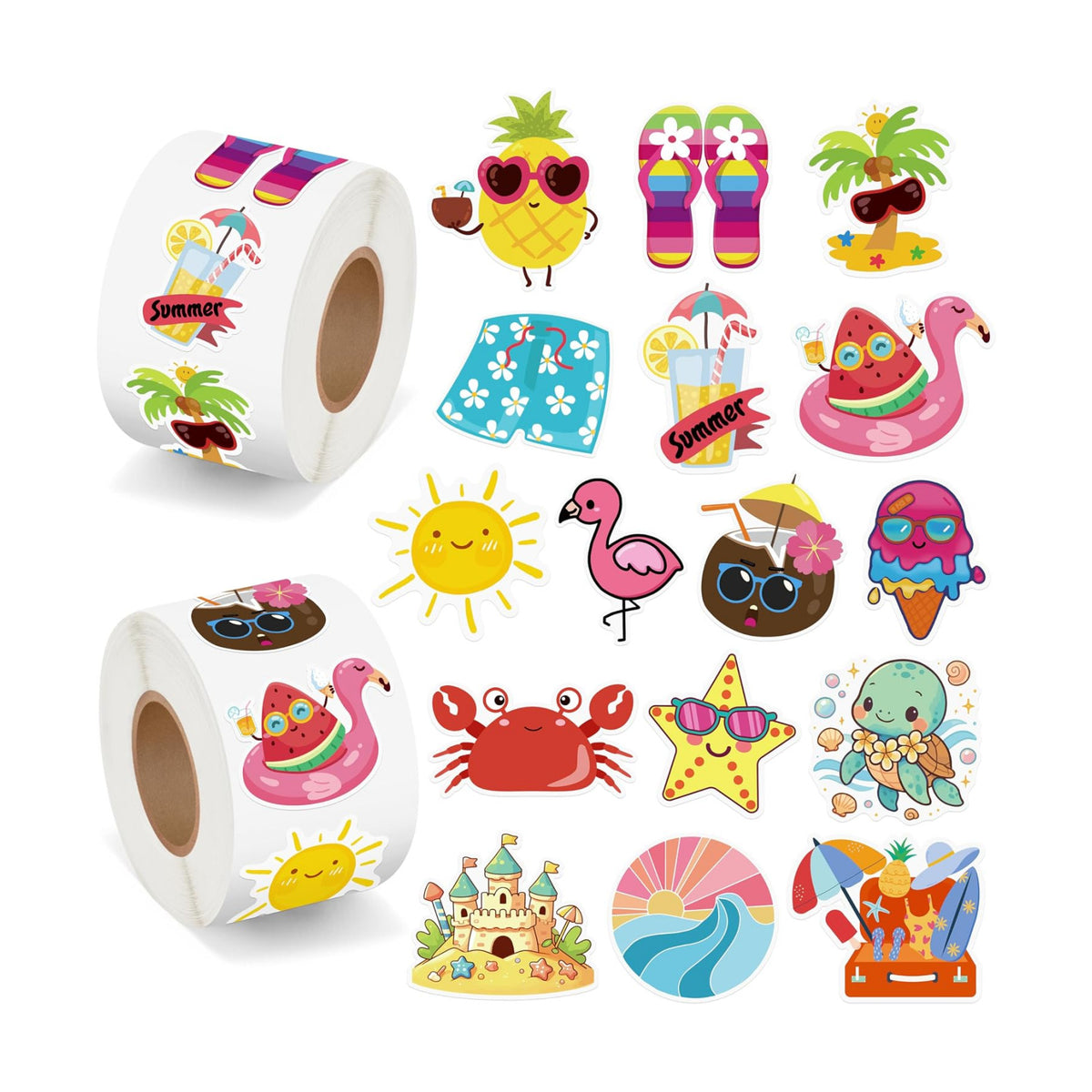 1000Pcs Summer Stickers for Kids, 2 Rolls Hawaiian Tropical Beach Self Adhesive Labels Luau Party Favors for Seasonal Holiday DIY Crafts Teacher Reward Gifts Scrapbooking Water Bottle Decor,16 Designs