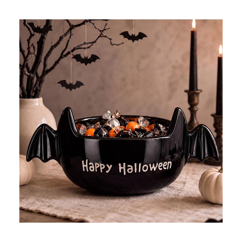 Reallnaive Halloween Candy Bowl Black Bat Ceramic Candy Dish