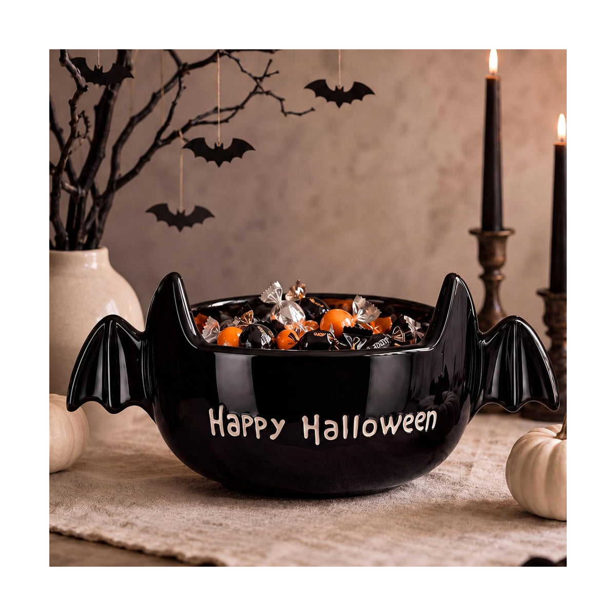 Reallnaive Halloween Candy Bowl Black Bat Ceramic Candy Dish