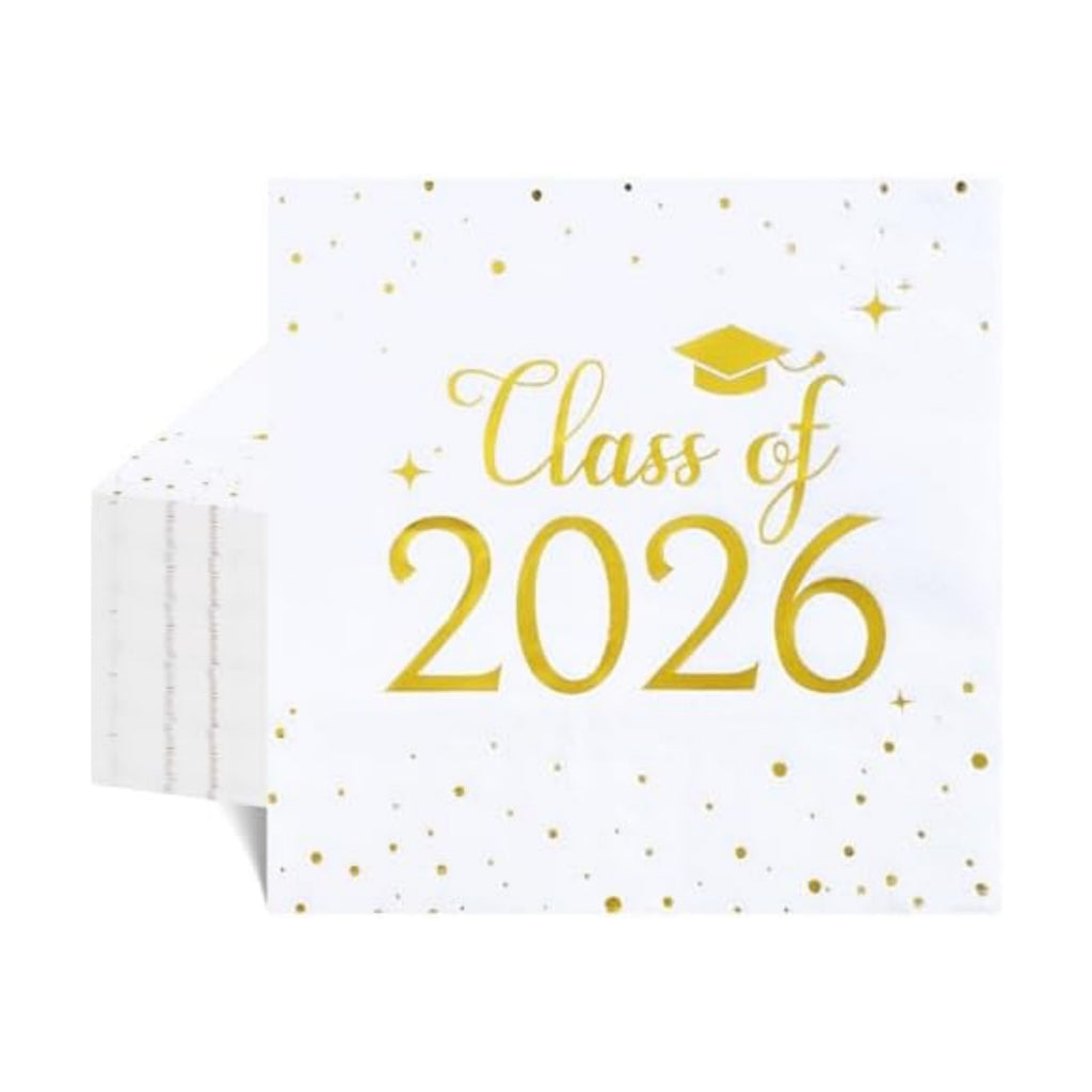 Natnarr Graduation Cocktail Napkins Class Of 2026, White Gold, 50 Pack