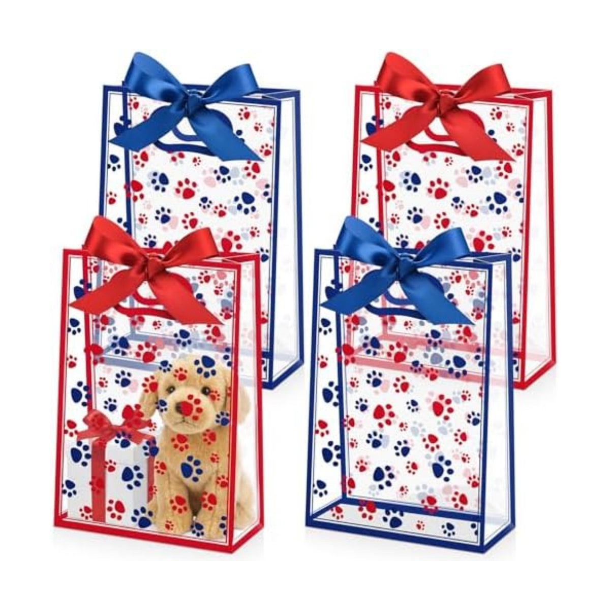 Capoda 24 Pack Patriotic Paw Patterns Gift Bags with Handles, Red & Blue Reusable Plastic Party Favor Bags, Large 4th of July Goody Bag for Kids, Pet Lovers, Independence Day BBQ, Parade for Fireworks