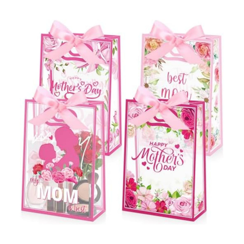 Capoda 24 Pack Mother's Day Bags with Handles, Large Floral Reusable PP Plastic Goodie Bags, Pink Rose Party Favor Bag for Mom Brunch, Classroom, Church, Candy Treats & Small Gifts