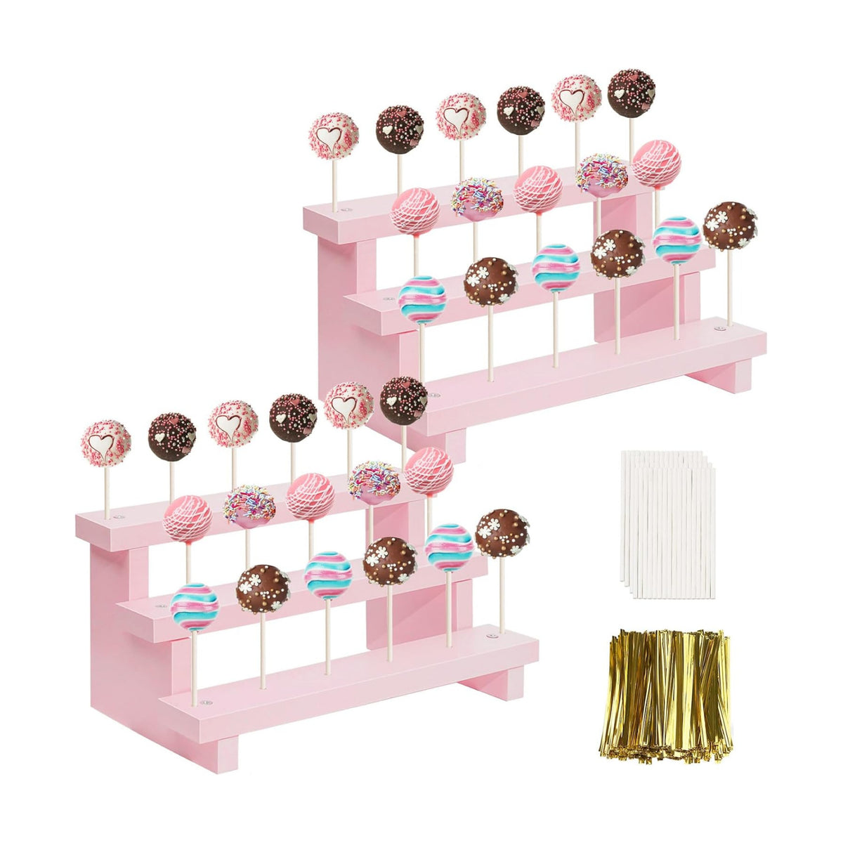 Wood Cake Pop Stands, 3 Tier Lollipop Holders with Twist Ties Lollipop Sticks, Sucker Display Riser for Dessert Table of Wedding Birthday Party (Pink-2P-17 Hole)