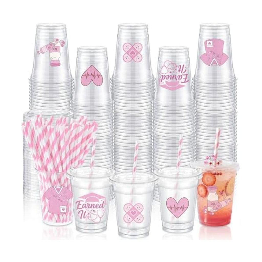 Jingmore 50 Sets Nurse Graduation Plastic Cups with Lids and Straws Cute Disposable Cold Beverage Drinking Cups for Birthday Party Decorations Supplies
